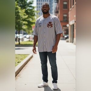 Men's Size 6XL AKADEMIKS "Heavy Hitters" Gray Pinstriped Baseball Style Jersey. 